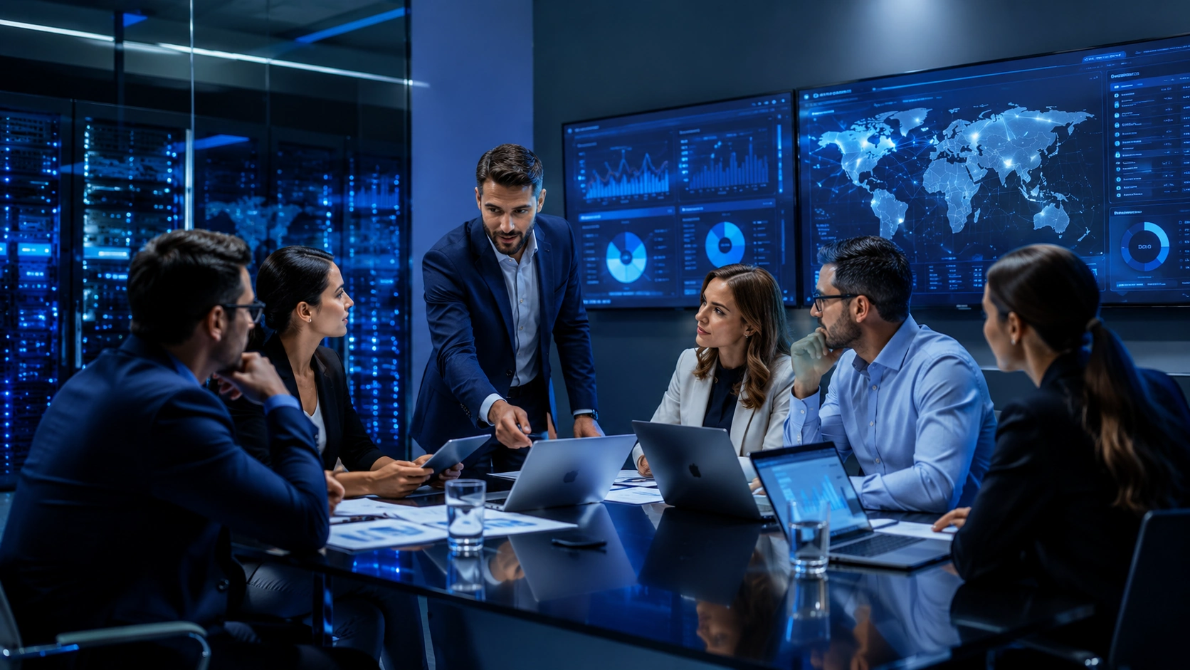 Equipe estratégica analisando soluções de tecnologia